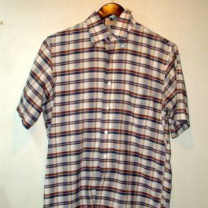 LL Bean Plaid red blue  short sleeve shirt med single stitch 15 1/2 60 % cotton